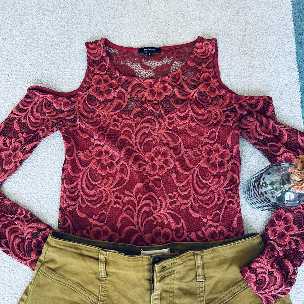 Ambiance Burgundy Lace Cold Shoulder Blouse